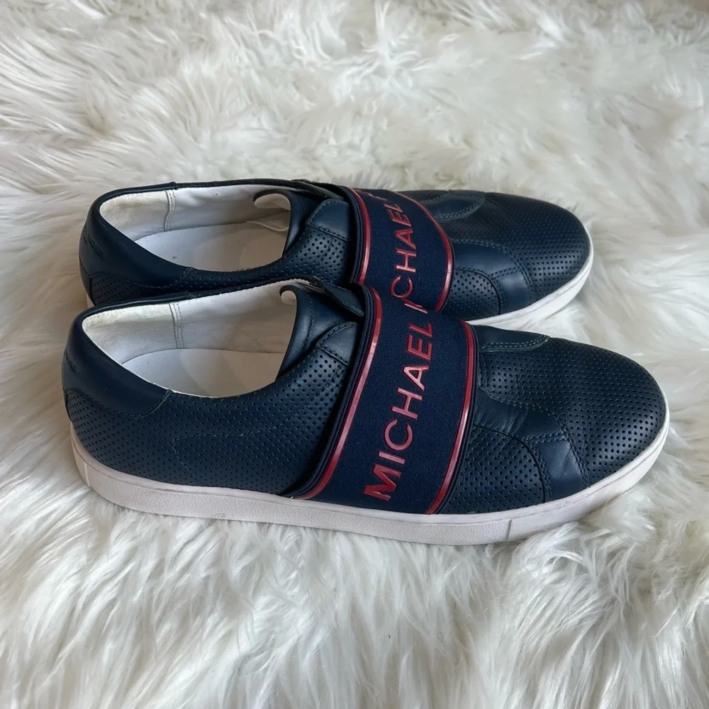 Michael Kors men’s size 7.5 navy dark blue and red leather slip on loafers